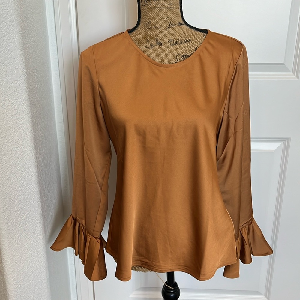 J. Crew Bronze/Orangey/Camel Colored Satin Bell Sleeve Blouse